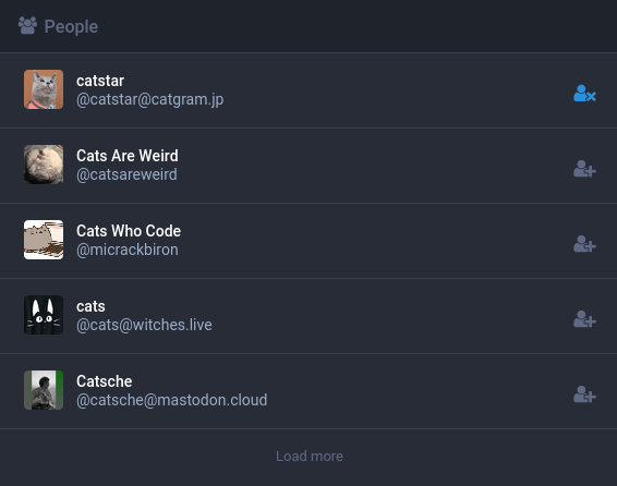 「cats」を検索したときに表示されるアカウントの例